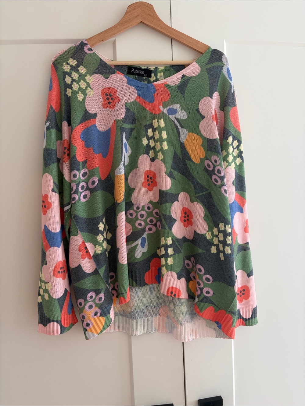 Papillon Blanc Floral Boatneck Sweater in Pink, Green & Coral
